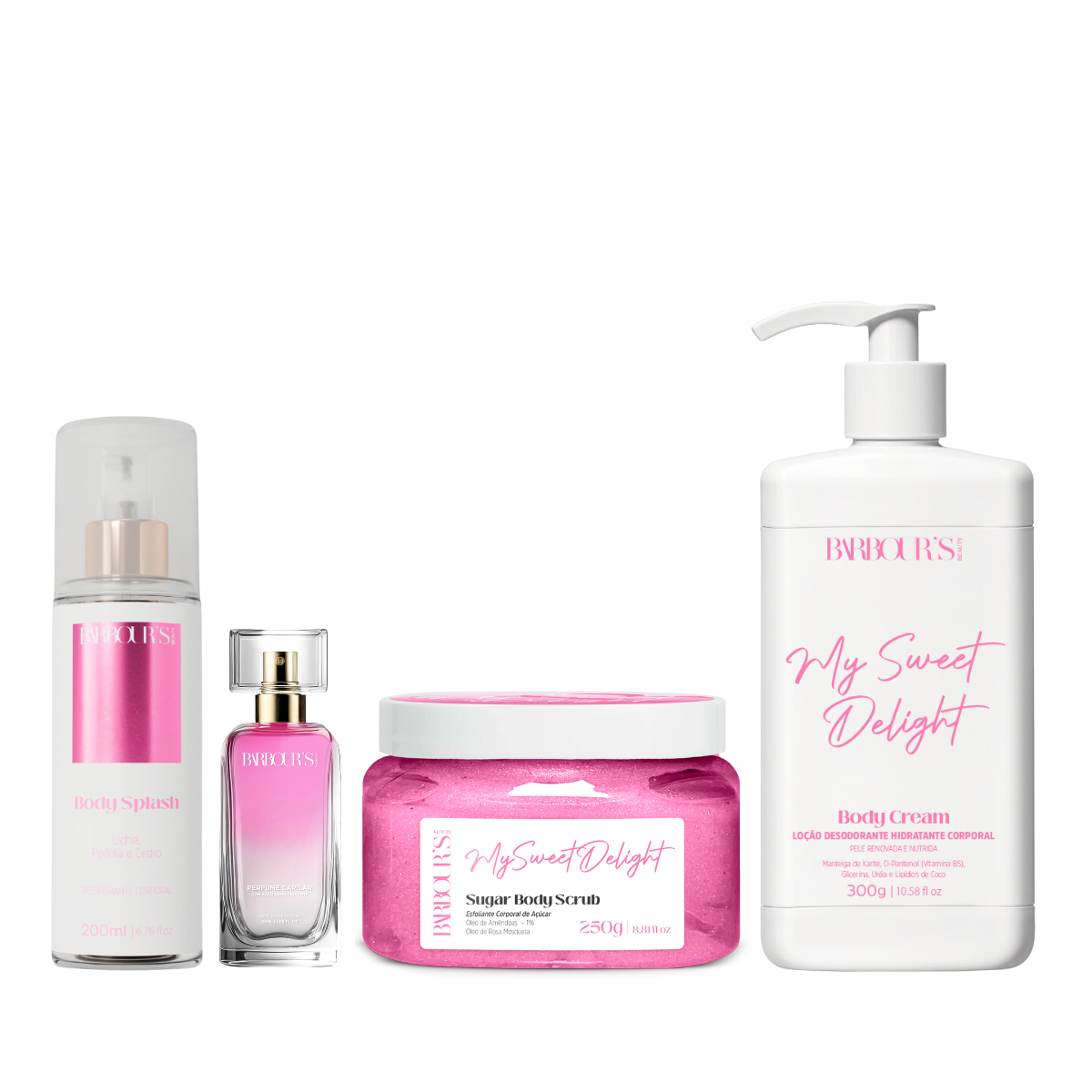 Kit Esfoliante, Body Cream, Body Splash e Perfume Capilar My Sweet Delight