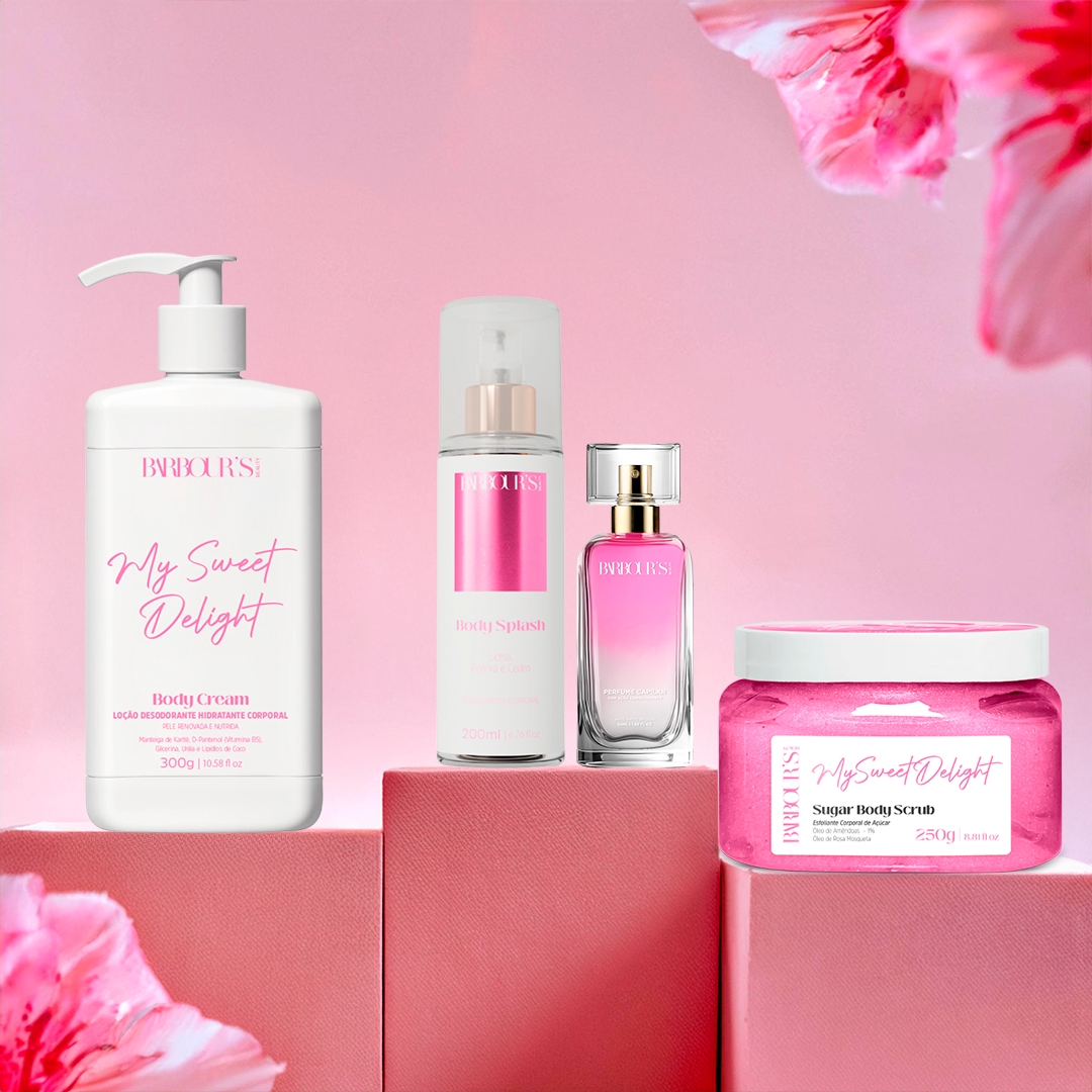 Kit Esfoliante, Body Cream, Body Splash e Perfume Capilar My Sweet Delight